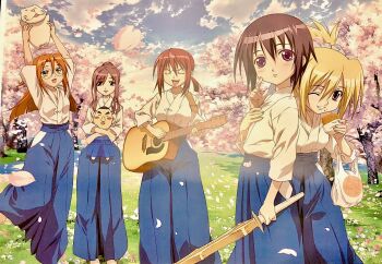 5girls acoustic_guitar arms_up azuma_satori bag bamboo_blade black_hair blonde_hair blue_hakama blush brown_hair character_doll cherry_blossoms chiba_kirino closed_eyes day doll falling_petals food full_body glasses grass guitar hair_between_eyes hair_bun hakama hakama_skirt hand_on_own_chest highres holding holding_bag holding_food holding_guitar holding_instrument holding_sword holding_weapon instrument japanese_clothes kawazoe_tamaki kimono kuwahara_sayako long_hair looking_at_viewer miyazaki_miyako multiple_girls music official_art one_eye_closed open_mouth orange_eyes orange_hair outdoors petals plastic_bag playing_guitar playing_instrument purple_eyes round_eyewear shinai shopping_bag short_hair short_hair_with_long_locks short_sleeves skirt sky smile spring_(season) standing standing_on_one_leg sword topknot tree watanabe_yoshihiro weapon white_kimono yellow_eyes yukata