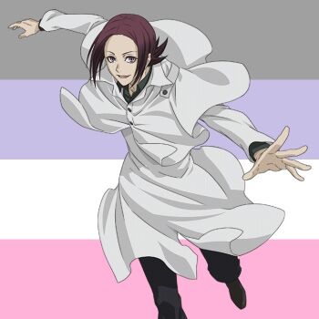 Rule 34 | 1girl, black shirt, brown eyes, brown hair, female focus, full body, happy, higemaru touma, jacket, long hair, multicolored background, shirt, tokyo ghoul, white jacket