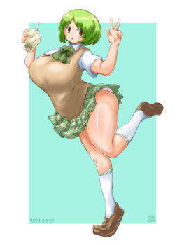 1girl 2channel :3 blue_background blush bow bowtie breasts brown_eyes brown_shoes brown_vest bubble_tea commentary_request dated full_body green_bow green_bowtie green_hair highres huge_breasts itini-sanshi looking_at_viewer open_mouth plaid_clothes plaid_skirt pleated_skirt shiny_skin shirt shoes short_hair short_sleeves simple_background skirt smile socks solo standing standing_on_one_leg sweater_vest two-tone_background vest w white_background white_shirt white_socks yarumi