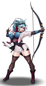 1girl archer_(dungeon_and_fighter) archery archery_shooting_glove arm_armor armor arrow_(projectile) belt black_boots blue_armor blue_hair boots bow_(weapon) breasts brown_gloves brown_thighhighs cleavage_cutout clothing_cutout dungeon_and_fighter full_body gloves goggles goggles_on_head hair_between_eyes hand_up high_ponytail highres holding holding_bow_(weapon) holding_weapon index_finger_raised large_variant_set lips looking_to_the_side multicolored_hair ningyoushi open_clothes open_mouth open_shirt outstretched_arm partially_fingerless_gloves pink_hair pink_lips ponytail quiver red_belt red_eyes shadow shirt short_shorts shorts sidelocks simple_background smile solo spread_legs standing teeth thighhighs tongue turning_head underbust upper_teeth_only variant_set weapon white_background white_shirt white_shorts