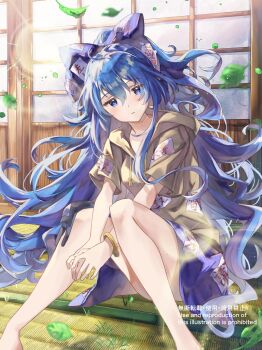 1girl barefoot blue_bow blue_eyes blue_hair blue_skirt blush bow bracelet closed_mouth commentary expressionless falling_leaves grey_hoodie hair_between_eyes highres hood hoodie jewelry leaf legs long_hair looking_at_viewer nanop38 short_sleeves sitting skirt sliding_doors solo stuffed_animal stuffed_toy tatami thighs touhou very_long_hair watermark yorigami_shion