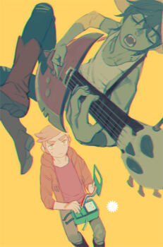 Rule 34 | 2boys, adventure time, black hair, black pants, black shoes, bmo, boots, brown jacket, closed eyes, commentary, crew neck, denim, electric guitar, english commentary, floating, genderswap, genderswap (ftm), guitar, hair between eyes, hat, hood, hood down, hooded jacket, instrument, jacket, jeans, jitome, long sleeves, looking at another, looking up, male focus, marshall lee, multiple boys, music, open mouth, pants, pink hair, playing, playing guitar, playing instrument, prince gumball, red shirt, shirt, shishio (shishio5431), shoes, short hair, sitting, thick eyebrows, white shirt, yellow background