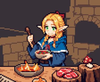 1girl :&gt; animated animated_gif blonde_hair blue_capelet blue_robe bowl braid brick_wall capelet choker dungeon_meshi elf female_focus fire food green_eyes holding holding_bowl holding_spoon long_hair long_sleeves looking_at_viewer marcille_donato menu_board mushroom pixel_art pointy_ears pp_(_ppinha) raw_meat red_choker robe self-upload solo solo_focus soup spoon twin_braids upper_body