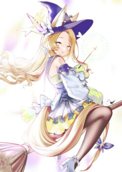 absurdres alternate_costume animal_ear_fluff animal_ears beijixiong blonde_hair blue_archive bow broom broom_riding detached_sleeves dress forehead fox_ears fox_girl fox_tail halloween hat high_heels highres holding holding_wand long_hair long_sleeves pink_eyes pumps riding seia_(blue_archive) simple_background sleeveless sleeveless_dress tail very_long_hair wand white_background white_bow witch witch_hat