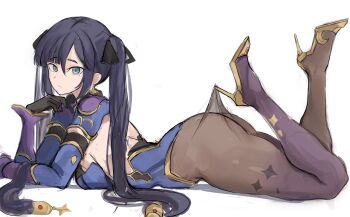 1girl ass asymmetrical_bangs black_gloves black_hair black_ribbon blue_leotard blue_sleeves detached_sleeves elbow_gloves from_side genshin_impact gloves green_eyes hair_between_eyes hair_ornament hair_ribbon high_heels highres hooked_on_heel lace_pantyhose_hooked_on_heel_(meme) leotard long_hair looking_at_viewer lying meme mona_(genshin_impact) on_stomach pantyhose_tug rakeemspoon ribbon solo star_(symbol) star_hair_ornament twintails very_long_hair white_background