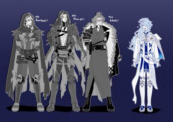 Rule 34 | 4boys, :d, abs, antenna hair, armor, armored boots, arms behind back, beard stubble, belt, belt pouch, black gloves, blue background, blue hair, book holster, boots, braid, cape, chest belt, coat, coat on shoulders, commentary, crimzon ruze, english commentary, english text, facial hair, flask, flower, full body, fur-trimmed coat, fur trim, glasses, gloves, goldbullet, goldbullet (2nd costume), gorget, greyscale, hair flower, hair ornament, hair over one eye, highres, holoarmis, holostars, holostars english, hood, hooded cape, hoto 11010, japanese armor, japanese clothes, jurard t rexford, kimono, knee armor, lace-up boots, long hair, looking at another, looking to the side, low side ponytail, male focus, medium hair, monochrome, multiple belts, multiple boys, multiple braids, mustache stubble, octavio, octavio (2nd costume), odd one out, official alternate costume, open mouth, outline, pauldrons, pink eyes, plunging neckline, poleyn, ponytail, pouch, purple eyes, red eyes, sabaton, shadow, shirt, shoulder armor, skull, smile, spoken expression, spot color, striped background, stubble, thigh boots, torn cape, torn clothes, virtual youtuber, white boots, white flower, white outline, white shirt, yellow eyes