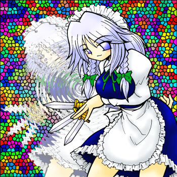 1girl apron between_fingers blue_dress blue_eyes blush bow braid dress green_bow grey_hair harapekobijin highres holding holding_knife izayoi_sakuya knife knives_between_fingers leaning_forward looking_at_viewer maid maid_headdress mosaic_background mosaic_pattern ripples smile solo touhou twin_braids waist_apron