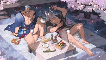 2boys abs absurdres animal_ears bara bare_pectorals beard bottle bulge cherry_blossoms commentary_request couple cup facial_hair food food_request from_above full_beard full_body fundoshi highres holding holding_cup huge_pectorals japanese_clothes jewelry kimono large_pectorals long_hair lying male_focus mature_male multicolored_hair multiple_boys muscular muscular_male navel necklace nipples old old_man on_back open_clothes open_kimono original pectorals rabbit_ears round_eyewear sakazuki sake_bottle second-party_source streaked_hair sushi table thick_beard thick_eyebrows thick_thighs thighs white_hair yaoi zhuganchangjiadan