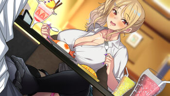 1girl blonde_hair blurry blurry_background blush breasts bulge cleavage dessert dutch_angle eating ecchi_na_gal_ni_sasowarete erection erection_under_clothes food footjob footjob_over_clothes footjob_under_table fork from_below gyaru hayashi_cherry highres holding indoors large_breasts legs light_blush long_hair nail_polish open_mouth original red_eyes school_uniform side_ponytail sitting skirt smile spoon table thighhighs thighs