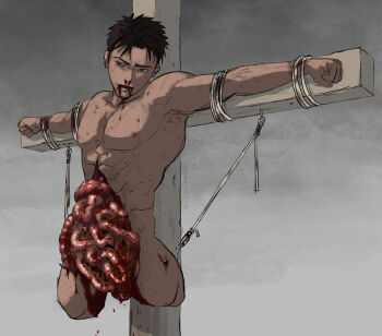 1boy aaaa_strike abs amputee armpit_hair black_hair blood blood_from_mouth commentary_request completely_nude cross crucifixion curtained_hair dark-skinned_male dark_skin disembowelment double_amputee empty_eyes full_body grey_background guro highres intestines large_pectorals legless_amputee light_frown male_focus narrowed_eyes nipples nosebleed nude original outstretched_arms pectorals restrained reverse_ryona short_hair simple_background solo spread_arms sweat toned toned_male turning_head very_short_hair wince