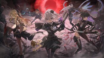 5girls absurdres belt belt_collar belt_pouch beryl_(chaos_zero_nightmare) black_belt black_bodystocking black_bodysuit black_bridal_gauntlets black_flower black_hair black_pantyhose black_rose black_skirt black_veil blonde_hair blue_eyes blush bodystocking bodysuit breasts bridal_gauntlets bum_hico chaos_zero_nightmare chest_harness cleavage collar colored_inner_hair commentary_request detached_sleeves euphina_(chaos_zero_nightmare) flower frills gun hair_flower hair_ornament harness highres holding holding_gun holding_sword holding_weapon katana korean_commentary large_breasts long_hair long_sleeves looking_at_viewer medium_breasts multicolored_hair multiple_girls open_mouth orange_hair orlea_(chaos_zero_nightmare) pantyhose pouch railgun red_eyes renoa_(chaos_zero_nightmare) rin_(chaos_zero_nightmare) rose see-through_cleavage see-through_clothes shirt short_hair sidelocks skirt sword symbol-shaped_pupils veil very_long_hair weapon white_hair white_shirt