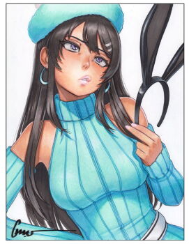 Rule 34 | animal ears, bare shoulders, belt, black hair, blue hat, blue sweater, border, breasts, detached sleeves, earrings, fake animal ears, hair ornament, hairclip, hat, holding, hoop earrings, jewelry, large breasts, lips, long hair, omar dogan, piercing, pink lips, purple eyes, rabbit ears, ribbed sleeves, ribbed sweater, sakurajima mai, seishun buta yarou, simple background, sleeveless, sleeveless sweater, sweater, third-party source, turtleneck, turtleneck sweater, white background, white belt, white border