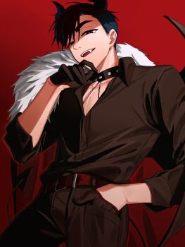 1boy absurdres alien_stage alternate_costume black_eyes black_gloves black_hair black_horns black_pants black_shirt black_wings choker collared_shirt commentary cowboy_shot demon_horns demon_wings english_commentary fangs feather_boa gloves half_gloves hand_in_pocket highres horns ivan_(alien_stage) kuradrawings long_sleeves male_focus pants red_background red_pupils shirt short_hair solo spiked_choker spikes very_short_hair wings