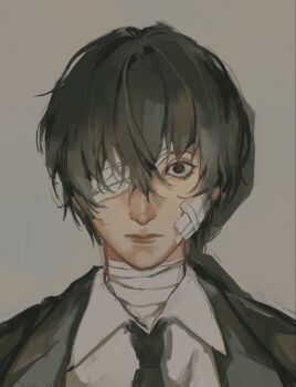 1boy bandage_on_face bandaged_head bandaged_neck bandages black_coat black_eyes black_hair black_necktie brekkered bungou_stray_dogs coat collared_shirt crossed_bangs dazai_osamu_(bungou_stray_dogs) double-parted_bangs expressionless hair_between_eyes hashtag-only_commentary highres looking_at_viewer necktie one_eye_covered portrait shirt short_hair solo straight-on white_shirt
