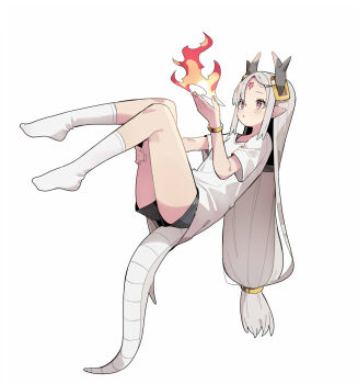 1girl bare_arms bare_legs black_shorts bracelet breath_weapon breathing_fire commentary_request dragon_girl facial_mark fire forehead_mark full_body hair_ornament hairclip highres horns jewelry light_blush long_hair low-tied_long_hair no_shoes original pa._(tatuya28001) pointy_ears red_eyes shirt short_shorts short_sleeves shorts simple_background socks solo tail very_long_hair white_background white_shirt white_socks