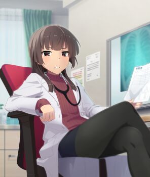 1girl black_pantyhose blunt_ends blush brown_hair cabinet chair coat crossed_legs curtains doctor dot_nose feet_out_of_frame flat_chest game_cg grimace holding holding_paper indoors juujou_hiyori lab_coat long_sleeves looking_at_viewer note office_chair official_art open_clothes open_coat pantyhose paper red_eyes red_shirt ribbed_shirt shirt sidelocks sitting solo stethoscope stethoscope_around_neck swivel_chair teeth third-party_source toji_no_miko toji_no_miko:_kizamishi_issen_no_tomoshibi white_coat x-ray_machine