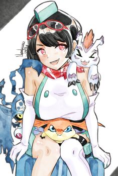 Rule 34 | 1girl, absurdres, black hair, blue eyes, breast rest, breasts, breasts on head, cosplay, digimon, digimon (creature), digimon story: time stranger, dress, gloves, goggles, goggles on head, gomamon, green dress, green hat, group name, hat, highres, large breasts, nanaeljustice, patamon, picodevimon, pout, red eyes, short hair, single thighhigh, sitting, thighhighs, white dress, white gloves, white thighhighs, yuuki kanan, yuuki kanan (cosplay)