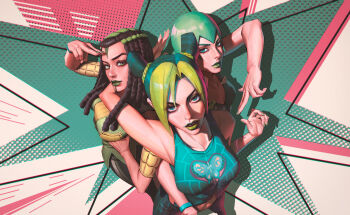 3girls absurdres blue_eyes braid bun_with_braided_base c_home commentary double_bun dreadlocks english_commentary ermes_costello foo_fighters_(jojo) from_above green_eyes green_hair green_lips hair_bun highres jojo_no_kimyou_na_bouken kuujou_jolyne long_hair multicolored_hair multiple_girls short_hair spider_web_print stone_ocean two-tone_hair