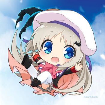 Rule 34 | 1girl, artist name, bat hair ornament, beret, black boots, black jacket, blue eyes, blue sky, boots, bow, bowtie, chibi, chibi only, cloud, cloudy sky, coat, falling, fang, full body, grey hair, grey skirt, hair ornament, hat, ikeda jun (aquaqua), jacket, leg up, little busters!, long hair, long sleeves, looking at viewer, no nose, noumi kudryavka, open mouth, orange coat, outstretched arms, pink bow, pink bowtie, plaid clothes, plaid skirt, sidelocks, skirt, sky, smile, solo, thighhighs, very long hair, white hat, white thighhighs