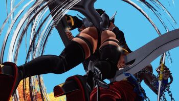 1boy 1girl 3d apron ass ass_focus black_leotard blue_sky breasts butterfly_swords curvy fighting forest highleg highleg_leotard highres holding holding_weapon huge_ass iroha_(samurai_spirits) large_breasts leotard maid maid_headdress nature samurai_spirits screencap shiny_skin sideboob skindentation sky solo thighhighs third-party_edit thong_leotard weapon wide_hips