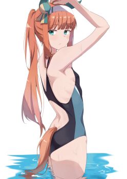 Rule 34 | 1girl, absurdres, animal ears, arm up, black one-piece swimsuit, breasts, closed mouth, commentary, cowboy shot, ear ornament, earrings, expressionless, film grain, green eyes, hairband, highres, horse ears, horse girl, horse tail, jewelry, long hair, looking at viewer, looking to the side, one-piece swimsuit, orange hair, pandoa (mikage0495), ponytail, racerback, silence suzuka (umamusume), small breasts, solo, swimsuit, tail, umamusume, wading, water, wet, white background, white hairband