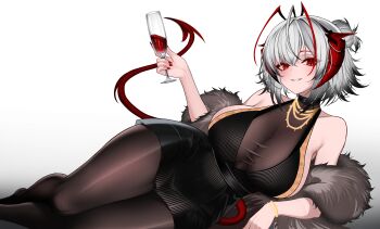 1girl absurdres alcohol antenna_hair arknights bare_shoulders black_dress black_hair bodystocking bracelet breasts brown_pantyhose champagne_flute cleavage commentary cup dress drinking_glass english_commentary feather_boa fur_trim gold gold_bracelet gradient_hair halter_dress halterneck hand_up highres holding holding_cup horns jewelry large_breasts legs looking_at_viewer lying multicolored_hair myb52 nail_polish necklace on_side pantyhose parted_lips red_hair red_horns red_nails red_streaks red_tail red_wine see-through_cleavage see-through_clothes short_dress short_hair sideboob sideless_dress simple_background slit_pupils smile solo streaked_hair tail thighs w_(arknights) white_background white_hair wine wis'adel_(arknights)