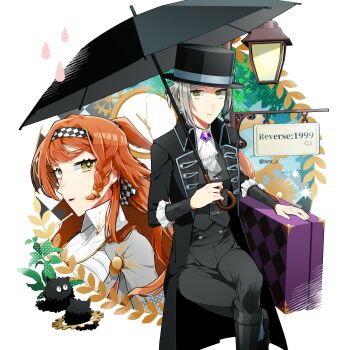 2girls ascot black_boots black_coat black_hat black_pants black_umbrella black_vest blue_bow boater_hat boots bow carbuncle_(reverse:1999) checkered_hairband clock coat collared_dress copyright_name creature dress feet_out_of_frame green_eyes grey_hair hair_bun hairband hat hat_bow highres holding holding_umbrella invisible_chair lamppost long_hair multiple_girls orange_hair pants parted_lips reverse:1999 shirt sign single_side_bun sitting sonetto_(reverse:1999) suitcase tkmru two_side_up umbrella upper_body vertin_(reverse:1999) vest waistcoat white_ascot white_dress white_shirt