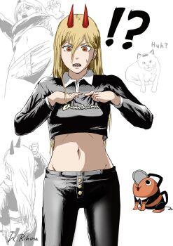 !? 1girl blonde_hair breasts cat chainsaw_man commentary_request cosplay crop_top cropped_shirt cross-shaped_pupils frown highres hip_bones holding holding_weapon horns huh?_cat_(meme) k.rikina meme meowy_(chainsaw_man) midriff mifune_fumiko mifune_fumiko_(cosplay) navel open_mouth orange_eyes pochita_(chainsaw_man) polo_shirt power_(chainsaw_man) red_horns sharp_teeth signature small_breasts sweatdrop symbol-shaped_pupils teeth weapon