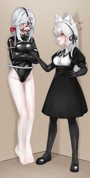 2girls absurdres animal_ear_fluff animal_ears ball_gag black_leotard black_pantyhose bound bound_arms bound_legs breasts collar commentary_request dress gag gag_harness gagged grey_hair highres leotard long_dress medium_breasts multiple_girls original pantyhose pxfz1234 red_eyes remiliacn restrained skin_tight stationary_restraints straitjacket wiffle_gag