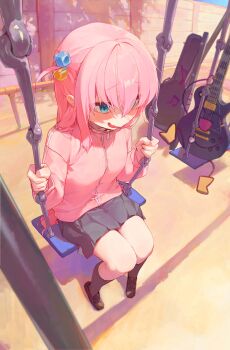 1girl absurdres black_skirt black_socks blue_eyes blush bocchi_the_rock! brown_shoes crossed_bangs cube_hair_ornament electric_guitar eyes_visible_through_hair gotoh_hitori guitar hair_between_eyes hair_ornament highres ikky instrument jacket kneehighs on_swing open_mouth pink_hair pink_jacket shoes sitting skirt socks solo swing
