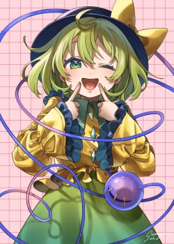 Rule 34 | 1girl, :d, ahoge, black hat, bow, commentary request, frilled sleeves, frills, green eyes, green hair, green skirt, hat, hat bow, highres, komeiji koishi, long sleeves, one eye closed, open mouth, shirt, short hair, skirt, smile, solo, sumiyama sui, sun hat, third eye, touhou, yellow bow, yellow shirt