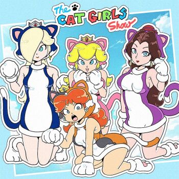 Rule 34 | 4girls, adapted costume, all fours, alternate costume, animal hands, animal hood, bare legs, blonde hair, blue eyes, breasts, brown hair, cat daisy, cat hood, cat peach, cat rosalina, cat tail, crown, detached hood, earrings, flower earrings, gloves, hair over one eye, hat, hood, jewelry, kneeling, looking at viewer, mario (series), meijin okd, mini crown, mini hat, multiple girls, nintendo, open mouth, pauline (mario), paw gloves, paw pose, paw shoes, pink lips, princess daisy, princess peach, red lips, rosalina, sleeveless, sphere earrings, star (symbol), star earrings, tail, teardrop earrings, thighs