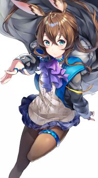 1girl amiya_(arknights) animal_ears arknights ascot black_jacket blue_eyes blue_skirt brown_hair hair_between_eyes highres infection_monitor_(arknights) jacket jewelry long_hair multiple_rings open_clothes open_jacket outstretched_arm purple_ascot rabbit_ears rabbit_girl ring ringozaka_mariko shirt simple_background skirt solo white_background white_shirt