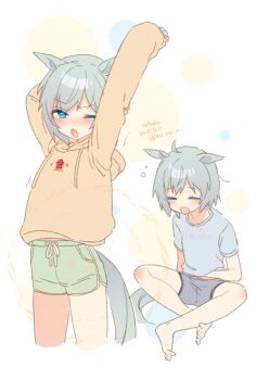 1girl animal_ears blue_eyes blue_shirt blue_shorts blush closed_eyes drawstring green_shorts grey_hair hair_between_eyes hood hood_down hoodie horse_ears horse_girl horse_tail koruri long_sleeves one_eye_closed open_mouth seiun_sky_(umamusume) shirt short_hair short_sleeves shorts stretching tail umamusume yawning