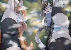 Rule 34 | 2girls, animal ear fluff, animal ears, arms up, ass, bike shorts, bike shorts under skirt, black hair, black shorts, black thighhighs, blue eyes, blurry, blurry background, blush, braid, breasts, brown hair, cameltoe, covered erect nipples, crotch, day, dhole (kemono friends), dog ears, flexible, grey eyes, grey hair, hair between eyes, highres, holding leg, jacket, kaku (drawing twi), kemono friends, kemono friends 3, kneepits, large breasts, leg hold, leg lift, leg up, long braid, long hair, long sleeves, looking at viewer, medium breasts, medium hair, miniskirt, multicolored hair, multiple girls, necktie, open mouth, original, outdoors, panties, plaid, plaid necktie, plaid skirt, pussy juice, pussy juice drip through clothes, pussy juice stain, shirt, short sleeves, shorts, shorts under skirt, side-by-side, single braid, skirt, split, spread legs, stained panties, standing, standing on one leg, standing split, steaming body, sweat, tail, taut clothes, taut shirt, thighhighs, two-tone hair, underwear, very long hair, wet, wet clothes, wet panties, wet shorts, white shirt, wide spread legs, wolf ears, wolf girl, wolf tail