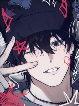 black_hair black_hat demon_horns earrings hat highres horns jewelry my_guildmate_next_door n.e.k.o non-web_source one_eye_closed smirk v yoon_jigu_(mgnd)