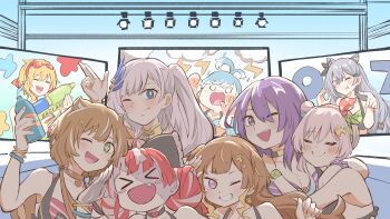 &gt;_&lt; +_+ 6+girls :d absurdres airani_iofifteen animal_ears anya_melfissa ayunda_risu bikini blonde_hair blue_eyes blue_hair blush_stickers bottle brown_hair closed_eyes cone_hair_bun double_bun fang green_eyes grey_hair hair_bun highres hololive hololive_indonesia hololive_summer_2023_swimsuit kaela_kovalskia kobo_kanaeru kureiji_ollie kyoraku_(weng3133) moona_hoshinova multiple_girls one_eye_closed open_mouth pavolia_reine pink_hair purple_eyes purple_hair red_hair side_ponytail smile squirrel_ears striped_bikini striped_clothes swimsuit vestia_zeta virtual_youtuber water_gun xd