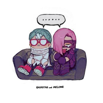 Rule 34 | ..., 2boys, boots, character name, chibi, chibi only, clenched teeth, commentary request, couch, ghiaccio, glasses, gloves, grid teeth, hair over one eye, highres, jojo no kimyou na bouken, long hair, male focus, mask, melone, multiple boys, neck brace, neg 50asu, opaque glasses, purple boots, purple gloves, purple hair, red-framed eyewear, shared speech bubble, short hair, simple background, sitting, speech bubble, spoken ellipsis, teeth, vento aureo, white background