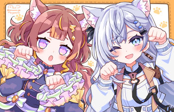 2girls :o animal_ears anya_melfissa anya_melfissa_(1st_costume) blue_eyes brown_hair cat_ears earrings frilled_sleeves frills grey_hair highres hololive hololive_indonesia jacket jewelry maruyama_en multiple_girls one_eye_closed paw_pose paw_print paw_print_background purple_eyes single_earring twitter_username two_side_up vestia_zeta vestia_zeta_(1st_costume) virtual_youtuber white_jacket