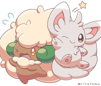 &gt;_o closed_mouth commentary_request gen_5_pokemon grey_fur highres looking_at_viewer minccino nintendo no_humans one_eye_closed open_mouth orange_eyes pokemon pokemon_(creature) pokemon_focus rirutemu smile star_(symbol) whimsicott