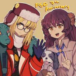 Rule 34 | 2girls, absurdres, animal, animal on shoulder, black-framed eyewear, blonde hair, brown hair, commentary, crocodilian, english commentary, fate/grand order, fate (series), fossil hair ornament, fur hat, glasses, hair between eyes, hat, highres, holding, holding animal, long hair, long sleeves, looking at viewer, mary anning (fate), multiple girls, open mouth, paul bunyan (fate), salieri 22, sharp teeth, slit pupils, smile, spaniel (dog), super bunyan (fate), teeth, v, waving, yellow eyes