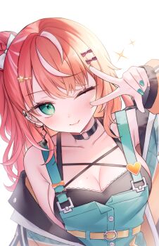 1girl black_choker blush bow breasts choker cleavage closed_mouth collarbone commentary_request fingernails green_eyes green_nails green_overalls hair_bow highres igarashi_rika looking_at_viewer mole mole_on_breast multicolored_hair nail_polish neit_ni_sei nijisanji overalls red_hair simple_background solo streaked_hair v virtual_youtuber white_background