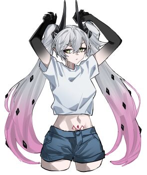 1girl absurdres black_hands body_markings breasts colored_extremities commentary crossed_bangs demon_girl demon_horns english_commentary fate/grand_order fate_(series) highres horns lilith_(fate) long_hair looking_at_viewer medium_breasts navel solo stomach_tattoo tattoo yazu_(zoddiacz)