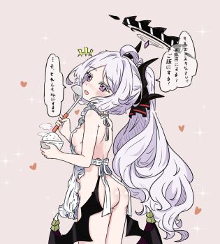 1girl apron ass black_halo blue_archive breasts commentary_request e_v_e_neko halo highres hina_(blue_archive) holding horns ladle long_hair low_wings naked_apron purple_eyes sideboob small_breasts solo speech_bubble translation_request white_apron white_hair wings