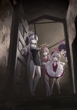 4girls aru_(blue_archive) aru_(dress)_(blue_archive) black_choker black_dress black_hair black_horns blue_archive brown_horns choker coat coat_on_shoulders commentary_request demon_horns desuyone0502 door dress ear_piercing fishnet_pantyhose fishnets from_below fur_shawl grey_halo hairband halo haruka_(blue_archive) haruka_(dress)_(blue_archive) high_heels highres horns indoors jacket kayoko_(blue_archive) kayoko_(dress)_(blue_archive) leaning_forward long_hair looking_at_viewer multicolored_hair multiple_girls mutsuki_(blue_archive) mutsuki_(dress)_(blue_archive) official_alternate_costume open_mouth opening_door orange_eyes orange_halo pantyhose peeking_out piercing pink_hair pointy_ears problem_solver_68_(blue_archive) purple_dress purple_eyes purple_hair purple_halo red_coat red_dress red_eyes red_hairband red_halo shawl single_wing sleeveless sleeveless_dress stairs strapless strapless_dress studded_choker two-tone_hair wavy_ends white_fur white_hair wings yellow_jacket