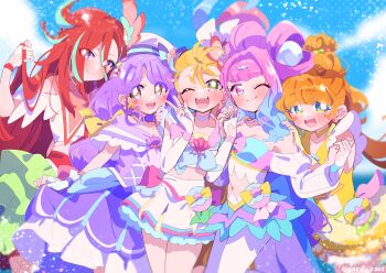 5girls absurdres back_bow bag_bow bare_shoulders beads blonde_hair blue_bag blue_bow blue_bowtie blue_choker blue_hair blue_nails blue_shirt blue_skirt blue_sky blunt_bangs blush bow bowtie breasts bridal_gauntlets brown_eyes brown_hair bubble_skirt capelet choker cleavage closed_mouth clothing_cutout cloud collarbone colored_eyelashes commentary_request cowboy_shot crop_top cross-laced_clothes cross-laced_dress cure_coral cure_flamingo cure_la_mer cure_papaya cure_summer day detached_sleeves dot_nose double_bun dress elbow_gloves eyelash_ornament eyelashes eyes_visible_through_hair facial_tattoo fingerless_gloves fingernails flower frilled_dress frilled_gloves frilled_shirt frilled_skirt frilled_sleeves frills gem gloves gradient_hair green_eyes group_hug hair_beads hair_between_eyes hair_bobbles hair_bow hair_bun hair_flower hair_intakes hair_ornament hair_over_eyes half_updo hand_in_own_hair hand_on_another&#039;s_shoulder happy hat hat_bow hat_ornament heart heart_cutout heart_tattoo hibiscus high-waist_skirt highres holding_hands hug ichinose_minori interlocked_fingers juliet_sleeves laura_la_mer light_particles long_hair_between_eyes long_sleeves low_ponytail low_twintails magical_girl medium_dress midriff miniskirt multi-tied_hair multicolored_eyes multicolored_hair multiple_girls multiple_hair_bows nail_polish natsuumi_manatsu navel ocean off-shoulder_dress off_shoulder one_eye_closed open_mouth orange_bow orange_bowtie outdoors pantyhose parted_bangs pearl_(gemstone) pink_bag pink_bow pink_bowtie pink_eyes pink_hair pink_shirt pleated_skirt ponytail precure puffy_long_sleeves puffy_sleeves purple_bow purple_choker purple_dress purple_eyes red_capelet red_flower red_hair sailor_hat serizawa_serizane shell_brooch shell_hat_ornament shirt short_dress short_sleeves shoulder_cutout sidelocks single_hair_bun skirt skirt_hold sky sleeveless sleeveless_dress smile standing star_(symbol) strapless strapless_shirt streaked_hair striped_clothes striped_dress summer suzumura_sango takizawa_asuka tareme tattoo teeth train_(clothing) tropical-rouge!_precure tsurime twintails twitter_username two-tone_bag two-tone_bow two-tone_eyes two-tone_hair two-tone_shirt upper_teeth_only vertical-striped_clothes vertical-striped_dress vertical-striped_sleeves waist_bag waist_bow white_bow white_bridal_gauntlets white_dress white_gloves white_hat white_pantyhose white_shirt white_skirt white_sleeves wing_hair_ornament wrist_bow yellow_bow yellow_choker yellow_dress yellow_eyes yellow_gloves