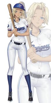 1girl baseball_bat baseball_cap baseball_uniform belt black_belt black_shoes blonde_hair blue_eyes blue_hat blue_socks breasts catherine_(fire_emblem) closed_mouth commentary commission fire_emblem fire_emblem:_three_houses full_body hat highres holding holding_baseball_bat large_breasts nintendo pants redkite333 shirt shoes simple_background smile socks solo sportswear standing white_background white_pants white_shirt zoom_layer