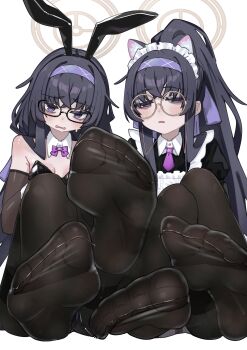 1girl absurdres alternate_costume animal_ear_fluff animal_ear_hairband animal_ears apron bags_under_eyes black_dress black_hair black_leotard black_pantyhose blue_archive blush bow bowtie brown_halo cat_ears crossed_bangs detached_collar dress enmaided fake_animal_ears feet foot_focus frilled_apron frills glasses hair_between_eyes hairband half-closed_eyes halo highres kilabo leotard long_hair looking_at_viewer maid maid_apron maid_headdress multiple_views necktie open_mouth pantyhose playboy_bunny ponytail purple_bow purple_bowtie purple_eyes purple_hairband purple_necktie rabbit_ear_hairband rabbit_ears round_eyewear short_necktie simple_background soles strapless strapless_leotard ui_(blue_archive) waist_apron white_apron white_background