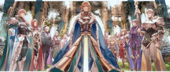 3girls 6+boys absurdres agravain_(fate) ahoge airgetlam_(fate) armor armored_dress arondight_(fate) artoria_pendragon_(fate) bedivere_(fate) black_hair blonde_hair blue_eyes bow_(weapon) braid cape clarent_(fate) closed_eyes dress excalibur_(fate/stay_night) excalibur_galatine_(fate) failnaught_(fate) fate/grand_order fate_(series) full_armor fur-trimmed_cape fur_trim galahad_(fate) gareth_(fate) gauntlets gawain_(fate) gawain_(third_ascension)_(fate) green_eyes hair_between_eyes hair_over_one_eye hair_ribbon hand_on_hilt hands_on_hilt highres holding holding_bow_(weapon) holding_harp holding_polearm holding_shield holding_sword holding_weapon knight knights_of_the_round_table_(fate) lancelot_(fate/grand_order) lancelot_(first_ascension)_(fate/grand_order) long_hair long_sleeves longinus_(weapon)_(fate) looking_at_viewer lord_camelot_(fate) merlin_(fate) mordred_(fate) multiple_boys multiple_girls on_grass percival_(fate) polearm ponytail purple_eyes purple_hair qqq1672559 red_hair ribbon robe saber_(fate) shield short_hair standing sword tristan_(fate) tristan_(third_ascension)_(fate) updo weapon white_hair yellow_eyes