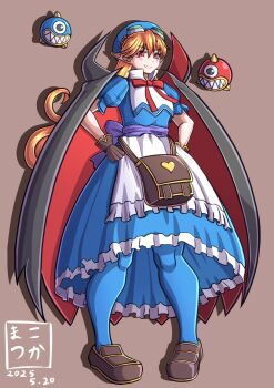 1girl apron bag blonde_hair blue_hat blue_pantyhose bow brown_bag cape closed_mouth commentary_request curly_hair dated dress fang full_body gloves goggles goggles_on_head hat highres long_hair looking_at_viewer makotsuka marivel_armitage pantyhose pointy_ears red_eyes ribbon smile vampire wild_arms wild_arms_2